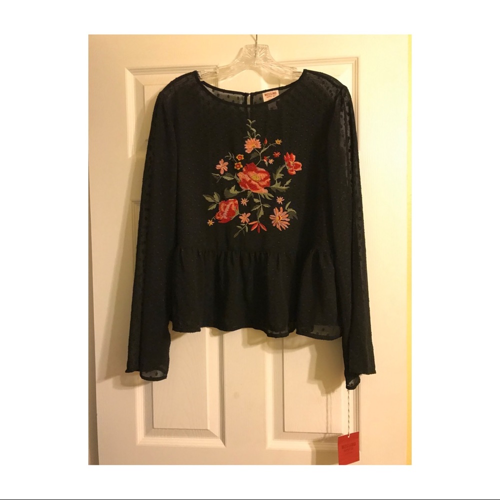 Black Sheer Top with Embroidered Flowers